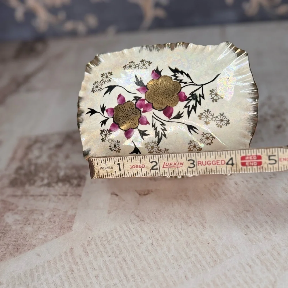 Vintage Japanese Hand-Painted Porcelain Trinket Box Floral Iridescent